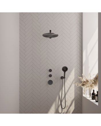 BRAUER Gunmetal Carving thermostatische inbouw regendouche SET 08 met 30 cm douchekop en rechte muurarm en 3-standen handdouche en doucheslang en wandaansluitbocht gunmetal geborsteld PVD