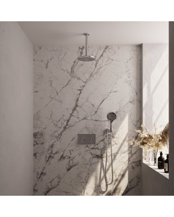 BRAUER Chrome Edition thermostatische inbouw regendouche met drukknoppen SET 59 met 20 cm douchekop en plafondarm en 3-standen handdouche en doucheslang en wandaansluitbocht chroom