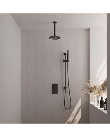 BRAUER Black Edition thermostatische inbouw regendouche 3-weg omstelling SET 41 met 20 cm douchekop en plafondarm en staaf handdouche en doucheslang en geïntegreerde glijstang mat zwart
