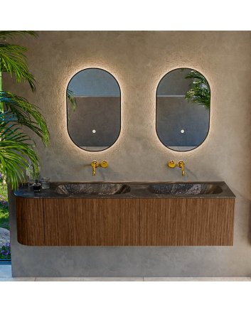 Mondiaz Kurve-Dlux 175cm badmeubel ronding Links kleur Walnut met 2 lades en 1 deur. Wastafel Stor small Dubbel / Rechts zonder kraangat Lava.