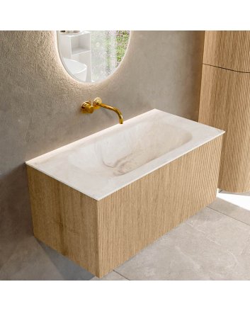 Mondiaz Kurve-Dlux 90cm badmeubel kleur Oak met 1 lade en 0 deuren. Wastafel Big small Midden zonder kraangat Frappe.