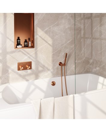 BRAUER Copper Carving thermostatische inbouw badkraan met drukknoppen SET 03 met badvulcombinatie en staaf handdouche en doucheslang en wandaansluitbocht koper geborsteld PVD