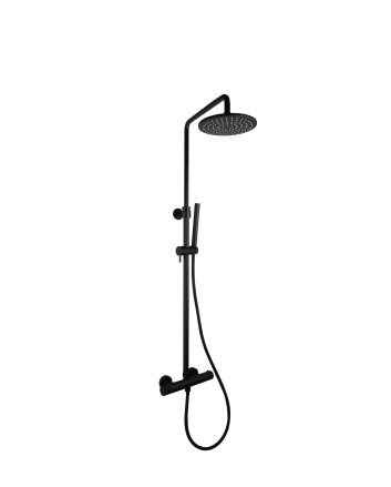 Sani DeLuxe Doucheset opbouw thermostatisch (in hoogte verstelbaar) rond Mat Zwart met geribbeld knop douchekop 25 cm