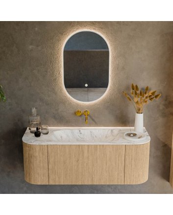 Mondiaz Kurve-Dlux 120cm badmeubel ronding Links + Rechts kleur Oak met 1 lade en 2 deuren. Wastafel Big small Midden zonder kraangat Glace.