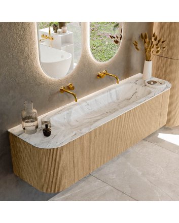 Mondiaz Kurve-Dlux 170cm badmeubel ronding Links + Rechts kleur Oak met 1 lade en 2 deuren. Wastafel Big large Midden zonder kraangat Glace.