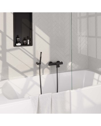 BRAUER Black Carving opbouw baddouche thermostaatkraan SET 03 met wandhouder en staaf handdouche en doucheslang mat zwart