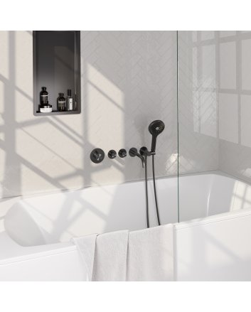 BRAUER Gunmetal Carving thermostatische inbouw badkraan SET 02 met uitloop en 3-standen handdouche en doucheslang en wandaansluitbocht gunmetal geborsteld PVD