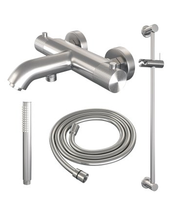 BRAUER Brushed Carving opbouw baddouche thermostaatkraan SET 01 met glijstang en staaf handdouche en doucheslang RVS geborsteld PVD