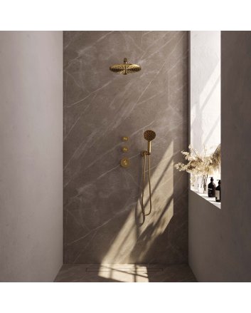 BRAUER Gold Edition thermostatische inbouw regendouche SET 08 met 30 cm douchekop en rechte muurarm en 3-standen handdouche en doucheslang en wandaansluitbocht goud geborsteld PVD