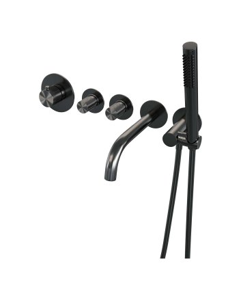 BRAUER Gunmetal Carving thermostatische inbouw badkraan SET 01 met uitloop en staaf handdouche en doucheslang en wandaansluitbocht gunmetal geborsteld PVD