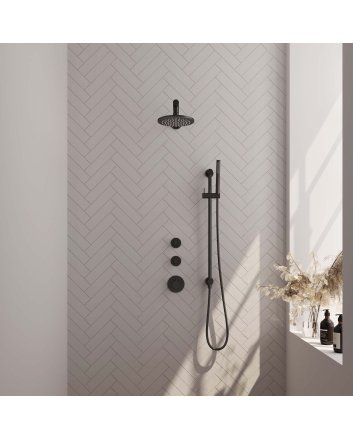 BRAUER Black Carving thermostatische inbouw regendouche SET 13 met 20 cm douchekop en rechte muurarm en staaf handdouche en doucheslang en geïntegreerde glijstang mat zwart