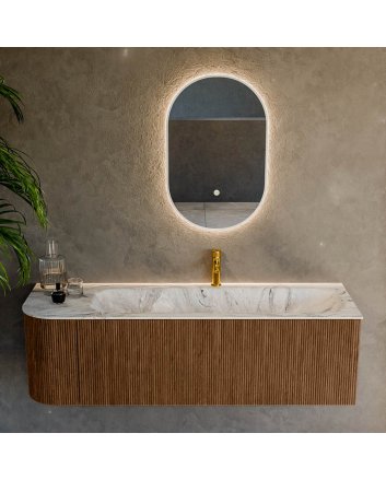Mondiaz Kurve-Dlux 145cm badmeubel ronding Links kleur Walnut met 1 lade en 1 deur. Wastafel Big large Rechts 1 kraangat Glace.