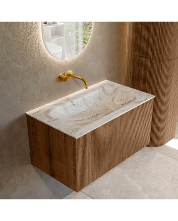 Mondiaz Kurve-Dlux 80cm badmeubel kleur Walnut met 1 lade en 0 deuren. Wastafel Big small Midden zonder kraangat Glace.