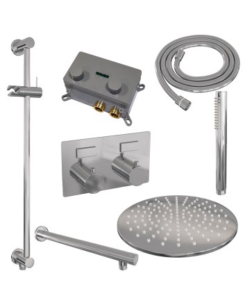 BRAUER Chrome Edition thermostatische inbouw regendouche met drukknoppen SET 62 met 30 cm douchekop en rechte muurarm en staaf handdouche en doucheslang en geïntegreerde glijstang chroom
