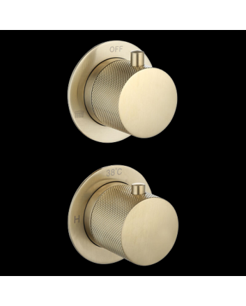 Sani DeLuxe Doucheset inbouw met box thermostaat, muurbevestiging / afwerkringen / douchekop 25 cm rond Goud Geborsteld met geribbeld knop