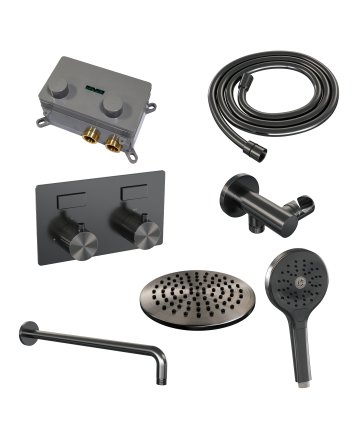 BRAUER Gunmetal Carving thermostatische inbouw regendouche met drukknoppen SET 57 met 20 cm douchekop en gebogen muurarm en 3-standen handdouche en doucheslang en wandaansluitbocht gunmetal geborsteld PVD