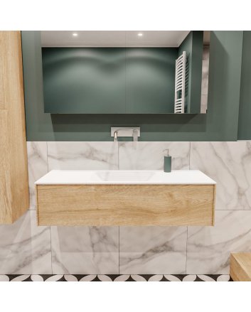 Mondiaz Lush 120 badmeubel washed oak 1 lade wastafel midden geen kraangat