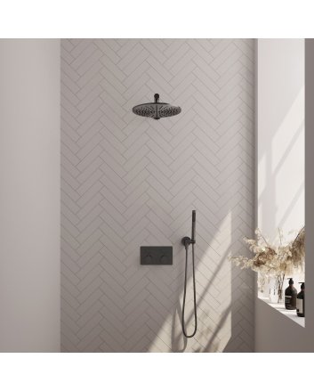 BRAUER Gunmetal Edition thermostatische inbouw regendouche met drukknoppen SET 50 met 30 cm douchekop en rechte muurarm en staaf handdouche en doucheslang en wandaansluitbocht gunmetal geborsteld PVD