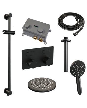 BRAUER Black Carving thermostatische inbouw regendouche met drukknoppen SET 71 met 20 cm douchekop en plafondarm en 3-standen handdouche en doucheslang en geïntegreerde glijstang mat zwart
