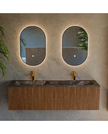 Mondiaz Kurve-Dlux 150cm badmeubel kleur Walnut met 2 lades en 0 deuren. Wastafel Stor small Dubbel 2 kraangaten Lava.