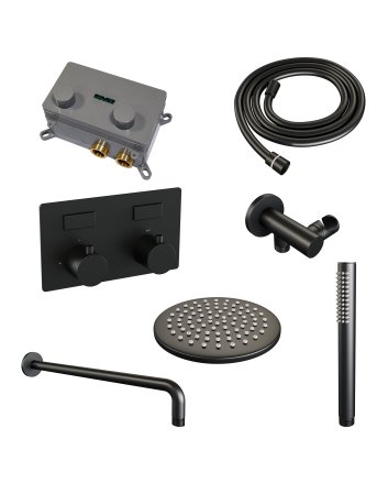 BRAUER Black Edition thermostatische inbouw regendouche met drukknoppen SET 51 met 20 cm douchekop en gebogen muurarm en staaf handdouche en doucheslang en wandaansluitbocht mat zwart