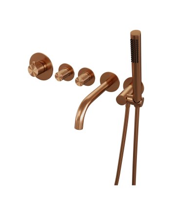BRAUER Copper Carving thermostatische inbouw badkraan SET 01 met uitloop en staaf handdouche en doucheslang en wandaansluitbocht koper geborsteld PVD