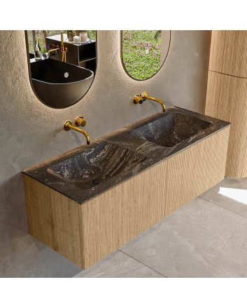 Mondiaz Kurve-Dlux 130cm badmeubel kleur Oak met 2 lades en 0 deuren. Wastafel Leaf Dubbel zonder kraangat Lava.