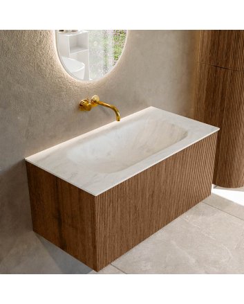 Mondiaz Kurve-Dlux 90cm badmeubel kleur Walnut met 1 lade en 0 deuren. Wastafel Big small Midden zonder kraangat Opalo.