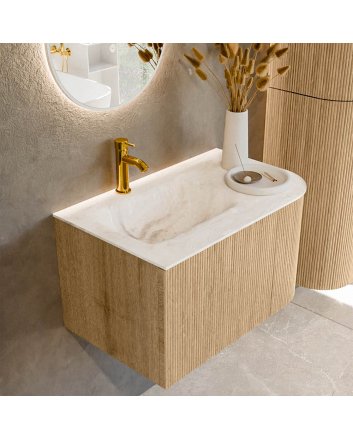 Mondiaz Kurve-Dlux 75cm badmeubel ronding Rechts kleur Oak met 1 lade en 1 deur. Wastafel Grunne Links 1 kraangat Frappe.