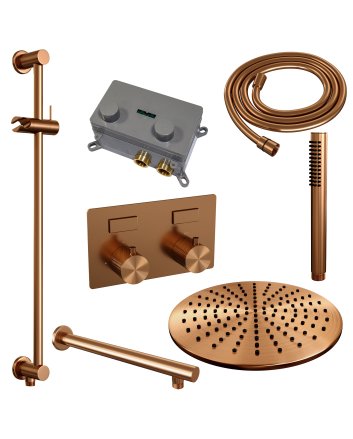 BRAUER Copper Carving thermostatische inbouw regendouche met drukknoppen SET 62 met 30 cm douchekop en rechte muurarm en staaf handdouche en doucheslang en geïntegreerde glijstang koper geborsteld PVD