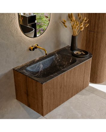 Mondiaz Kurve-Dlux 95cm badmeubel ronding Rechts kleur Walnut met 1 lade en 1 deur. Wastafel Big small Links zonder kraangat Lava.
