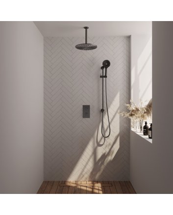 BRAUER Gunmetal Carving thermostatische inbouw regendouche 3-weg omstelling SET 48 met 30 cm douchekop en plafondarm en 3-standen handdouche en doucheslang en geïntegreerde glijstang gunmetal geborsteld PVD