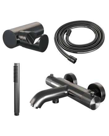 BRAUER Gunmetal Carving opbouw baddouche thermostaatkraan SET 03 met wandhouder en staaf handdouche en doucheslang gunmetal geborsteld PVD