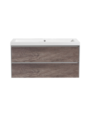 Sani DeLuxe Aktieset badmeubel PL greeploos 100  Century Oak zonder spiegel, met twee kraangaten