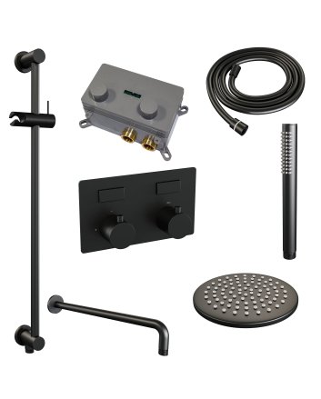 BRAUER Black Edition thermostatische inbouw regendouche met drukknoppen SET 63 met 20 cm douchekop en gebogen muurarm en staaf handdouche en doucheslang en geïntegreerde glijstang mat zwart
