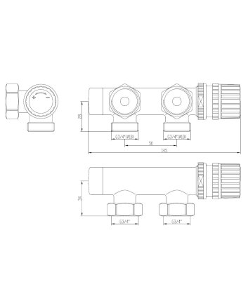Thermostatisch onderblok 3/4", haaks-links, mat zwart