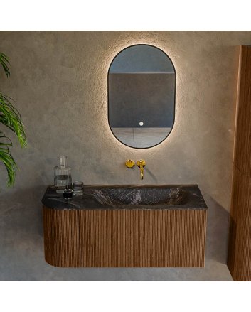 Mondiaz Kurve-Dlux 105cm badmeubel ronding Links kleur Walnut met 1 lade en 1 deur. Wastafel Big small Rechts zonder kraangat Lava.