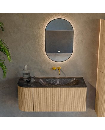Mondiaz Kurve-Dlux 105cm badmeubel ronding Links kleur Oak met 1 lade en 1 deur. Wastafel Big small Rechts zonder kraangat Lava.
