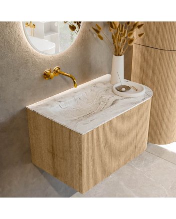 Mondiaz Kurve-Dlux 75cm badmeubel ronding Rechts kleur Oak met 1 lade en 1 deur. Wastafel Grunne Links zonder kraangat Glace.