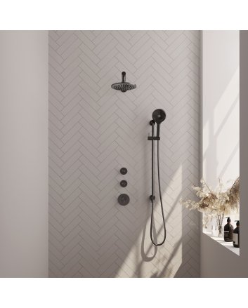 BRAUER Gunmetal Edition thermostatische inbouw regendouche SET 19 met 20 cm douchekop en rechte muurarm en 3-standen handdouche en doucheslang en geïntegreerde glijstang gunmetal geborsteld PVD