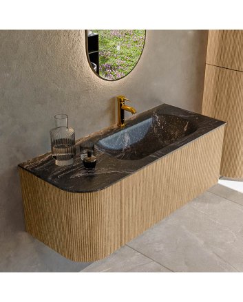 Mondiaz Kurve-Dlux 115cm badmeubel ronding Links kleur Oak met 1 lade en 1 deur. Wastafel Big small Rechts 1 kraangat Lava.