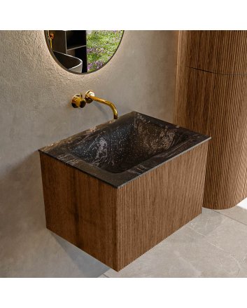 Mondiaz Kurve-Dlux 60cm badmeubel kleur Walnut met 1 lade en 0 deuren. Wastafel Cloud Midden zonder kraangat Lava.