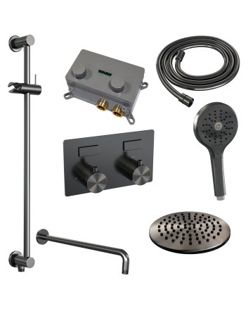 BRAUER Gunmetal Edition thermostatische inbouw regendouche met drukknoppen SET 69 met 20 cm douchekop en gebogen muurarm en 3-standen handdouche en doucheslang en geïntegreerde glijstang gunmetal geborsteld PVD