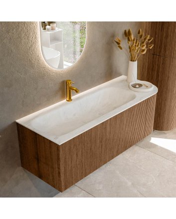 Mondiaz Kurve-Dlux 125cm badmeubel ronding Rechts kleur Walnut met 1 lade en 1 deur. Wastafel Big medium Links 1 kraangat Opalo.