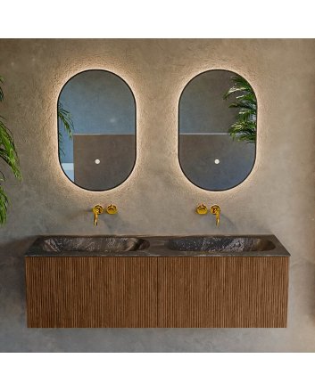 Mondiaz Kurve-Dlux 140cm badmeubel kleur Walnut met 2 lades en 0 deuren. Wastafel Stor small Dubbel zonder kraangat Lava.