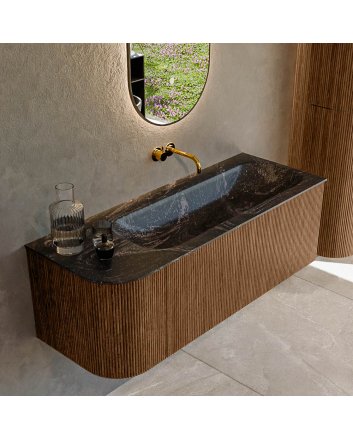 Mondiaz Kurve-Dlux 125cm badmeubel ronding Links kleur Walnut met 1 lade en 1 deur. Wastafel Big medium Rechts zonder kraangat Lava.