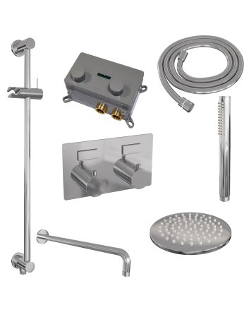 BRAUER Chrome Edition thermostatische inbouw regendouche met drukknoppen SET 63 met 20 cm douchekop en gebogen muurarm en staaf handdouche en doucheslang en geïntegreerde glijstang chroom