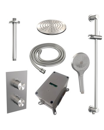 BRAUER Brushed Carving thermostatische inbouw regendouche 3-weg omstelling SET 47 met 20 cm douchekop en plafondarm en 3-standen handdouche en doucheslang en geïntegreerde glijstang RVS geborsteld PVD