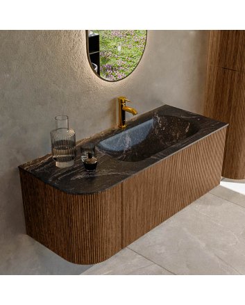 Mondiaz Kurve-Dlux 115cm badmeubel ronding Links kleur Walnut met 1 lade en 1 deur. Wastafel Big small Rechts 1 kraangat Lava.