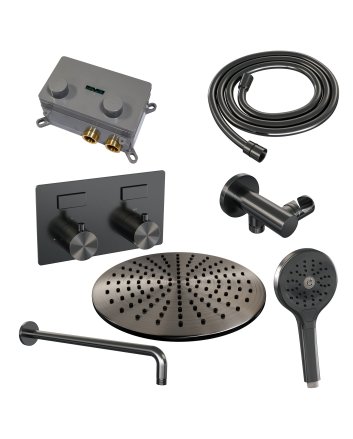 BRAUER Gunmetal Edition thermostatische inbouw regendouche met drukknoppen SET 58 met 30 cm douchekop en gebogen muurarm en 3-standen handdouche en doucheslang en wandaansluitbocht gunmetal geborsteld PVD